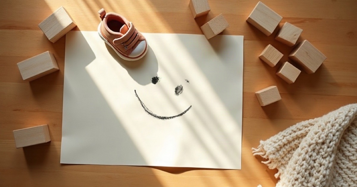 A soft overhead flat-lay of a toddler's small everyday things on a warm wooden floor: a tiny sneaker, wooden blocks, and a crayon drawing
