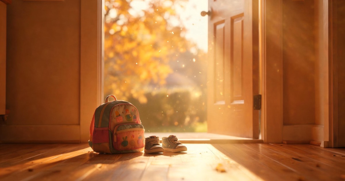 A small child's backpack and sneakers waiting by a sunlit front door on a first day of school morning