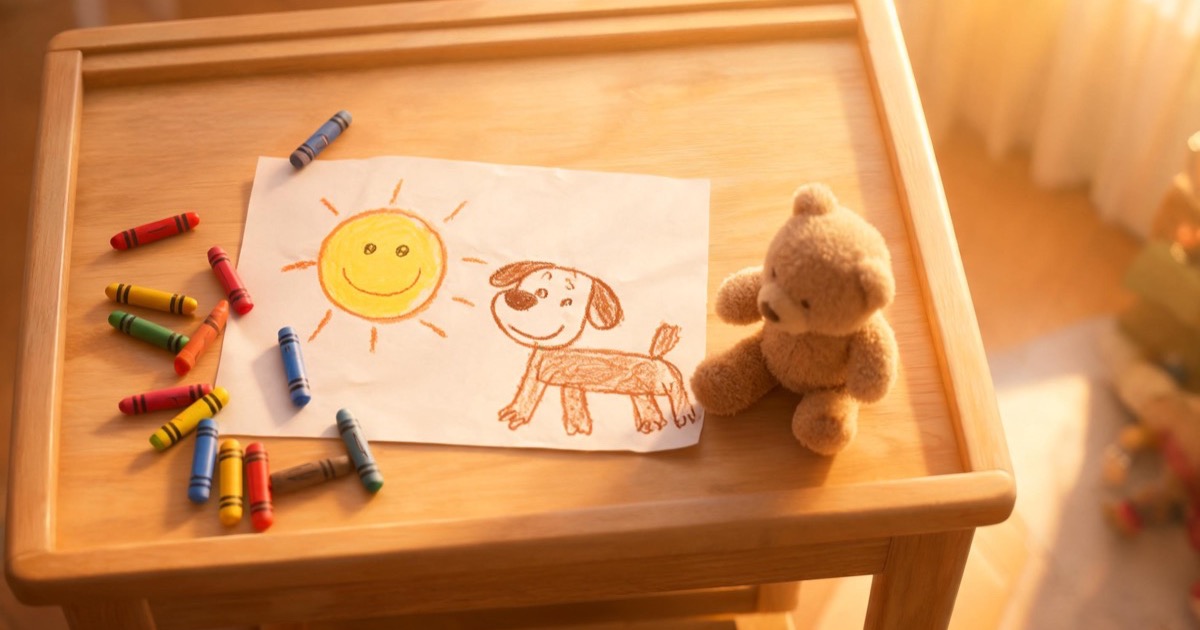 A softly lit child's play table from above at golden hour, scattered with chunky crayons and a wobbly crayon drawing of a smiling sun on butcher paper.