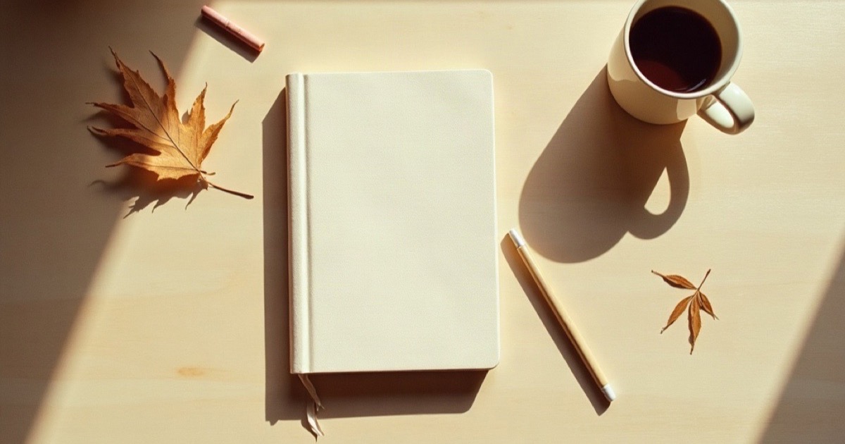 An overhead view of a closed cream notebook and an untouched pen on a warm wooden table beside a cold cup of coffee in late afternoon light