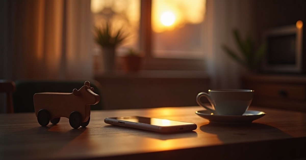 A warm, softly lit kitchen table at dusk, a phone glowing beside a small wooden toy and a half-finished cup of tea.