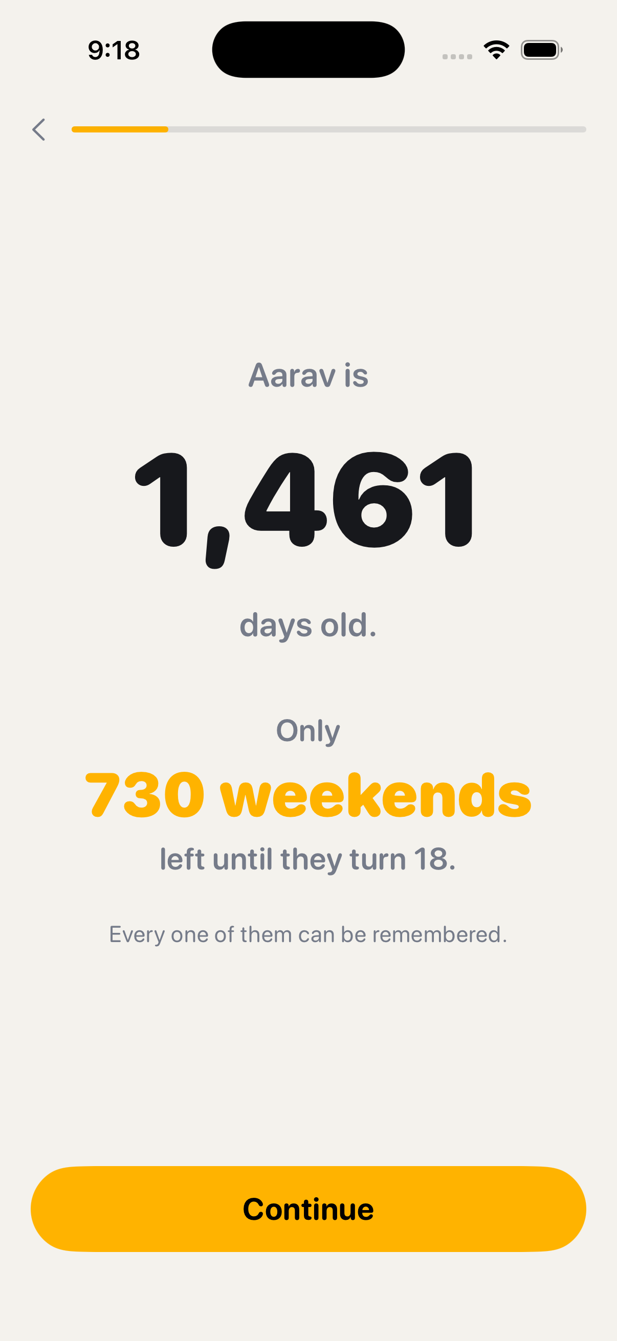Everkid screen showing your child is 1,461 days old with 730 weekends left until 18