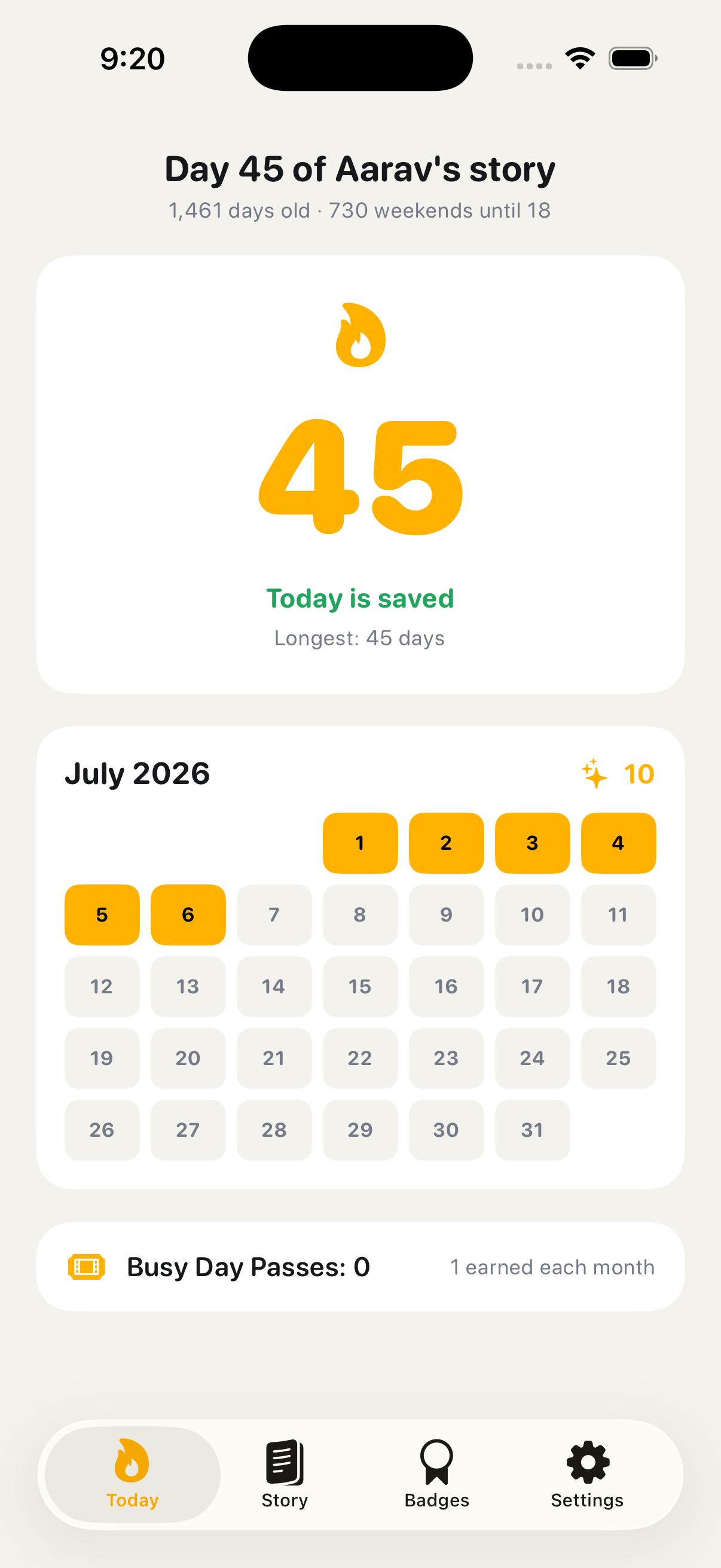 Everkid home screen with a 45 day streak and the July memory calendar