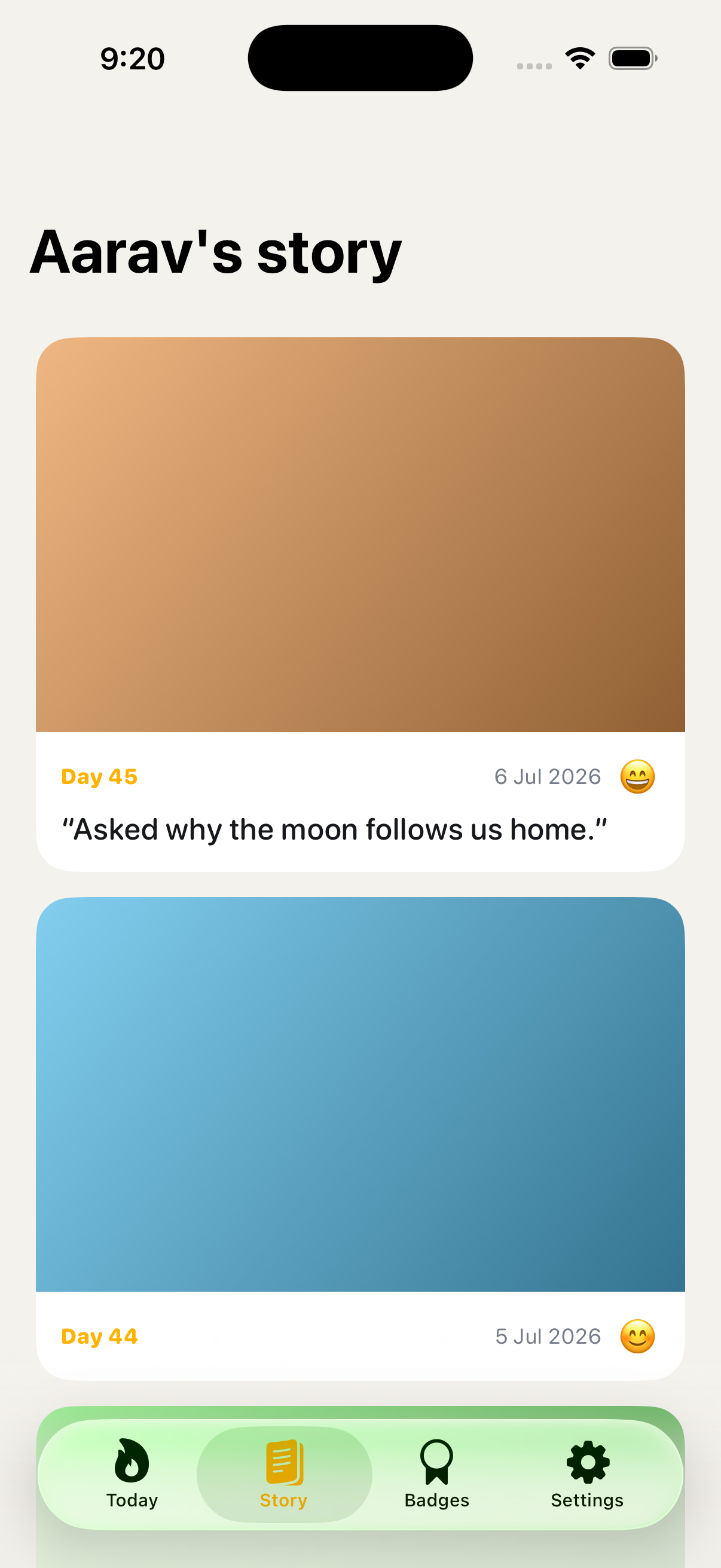 Everkid story timeline with daily photos and notes